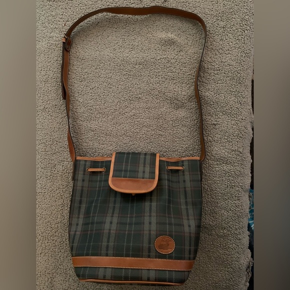 Vintage PANTERA Green Plaid Bucket BAG Tan Genuine Leather Quality Crossbody - Picture 1 of 14
